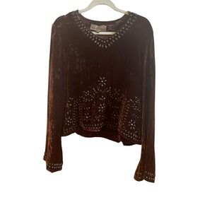 Double D Ranch Brown Velvet Metal Hammered Woman's Medium Western Shirt Rodeo